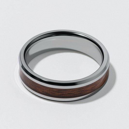 White Tungsten & Acacia Wood Inlay Flat Wedding Band - Polished 8mm