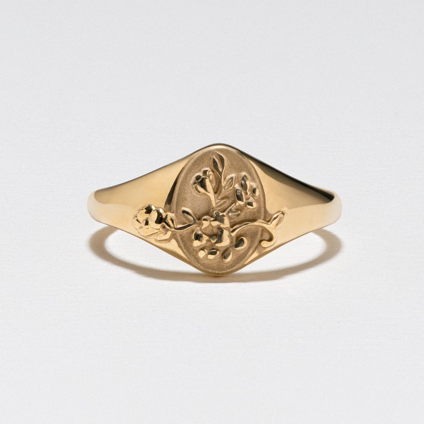 Yellow Gold Signet Ring, Oval Floral - Polished